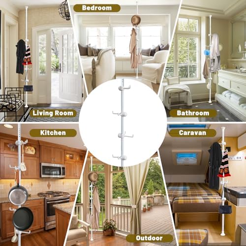 Freestanding Coat Rack with 12 Hooks and Adjustable Tension Rod White