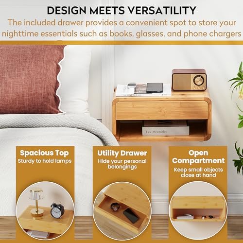 Bamboo Floating Nightstand with Drawer and Open Shelf