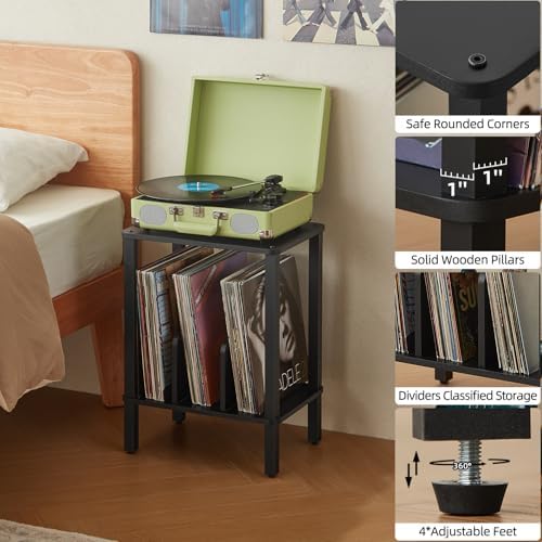 LELELINKY 2-Tier Record Player Stand with Storage for 100 Albums Black