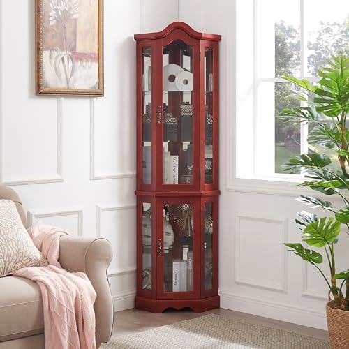 Maximize Space with Lighted Glass Curio Cabinet Corner Design Cherry Finish