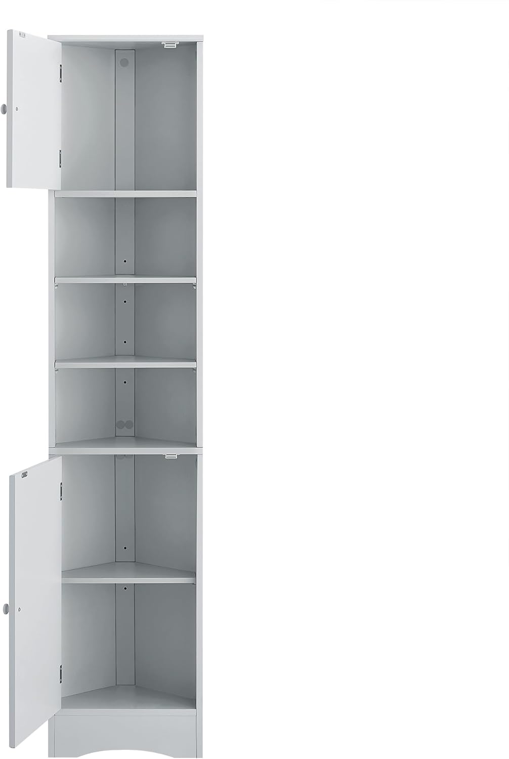Triangle Tall Corner Storage Cabinet with 2 Doors Open and Adjustable Shelves - Grey