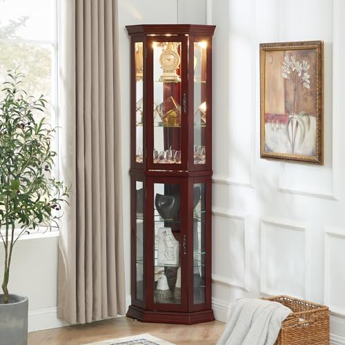 Cherry Lighted Corner Curio Cabinet with Glass Doors and 6 Shelves