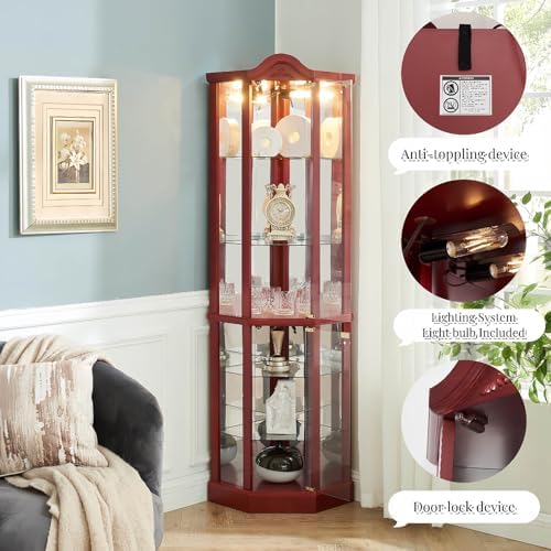 Cherry Corner Curio Cabinet with 4 Adjustable Glass Shelves and Glass Doors