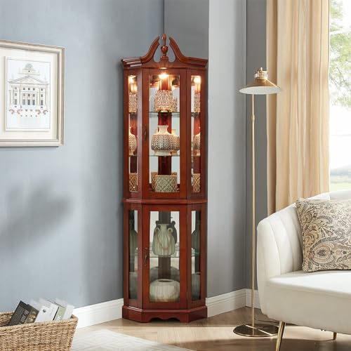 Lighted Corner Curio Display Cabinet with Tempered Glass Doors