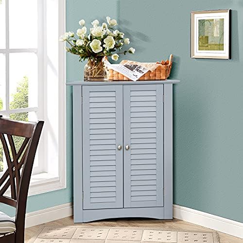 Tangkula Corner Cabinet with Double Doors and Adjustable Shelf Grey