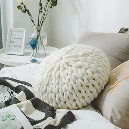 Chunky Knit Round Throw Pillow with Insert Soft Cozy Decorative Cushion White 16 Inch