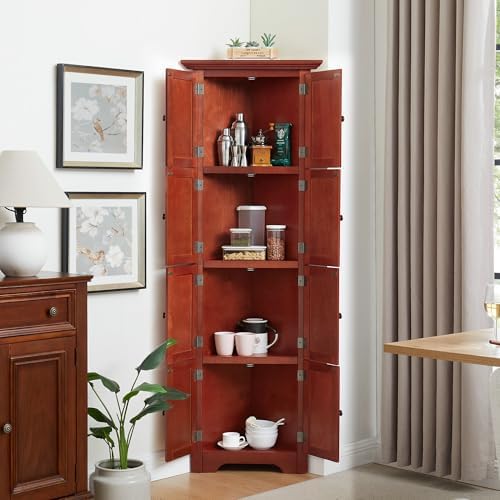 Softsea 4-Tier Corner Kitchen Pantry Cabinet with 8 Doors 72 Tall Cherry Hutch