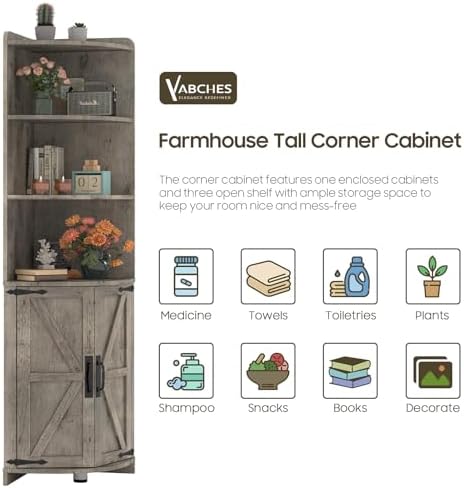 Halitaa Farmhouse Corner Cabinet with 6 Shelves and Barn Doors