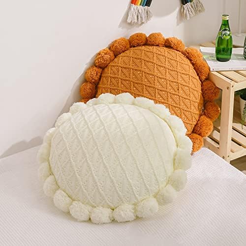 IXITON Round Knitting Pompoms Pillow Sunflower Decorative Cushion Throw Pillow with Insert 20 Inch Light Yellow