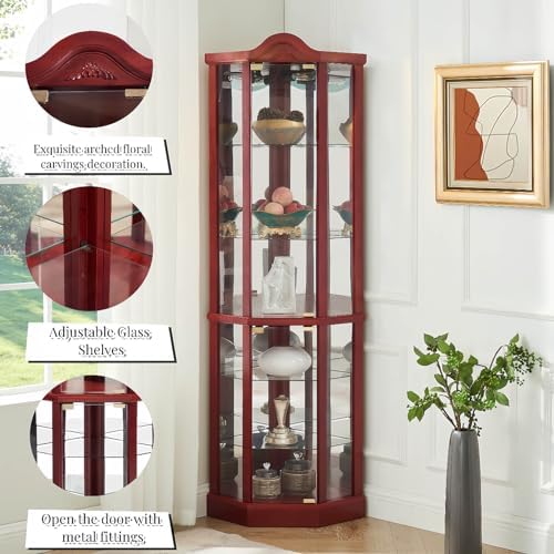 Cherry Corner Curio Cabinet with 4 Adjustable Glass Shelves and Glass Doors