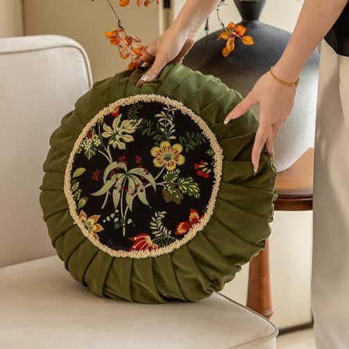 Vctops Round Throw Pillow with Zipper Vintage Floral Velvet Cushion 18 Inch