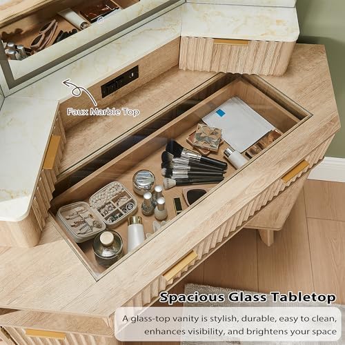 T4TREAM Fluted Makeup Vanity Desk with 3 Way Mirror and LED Lights 48 Inch Corner Table