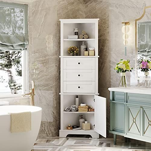 689 Inch Tall Triangle Corner Cabinet with 3 Drawers and Adjustable Shelf Freestanding Storage Cabinet White