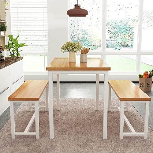 AWQM Dining Table Set with 2 Benches 472x287x287 Inches Beige