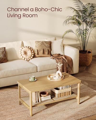 VASAGLE 2-Tier Coffee Table with PVC Rattan Storage Shelf
