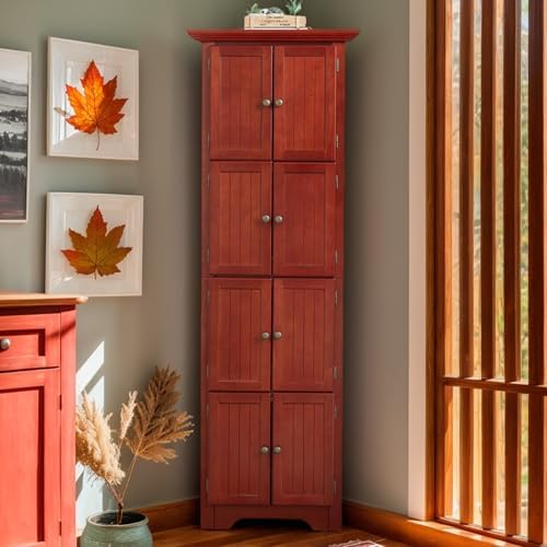 4 Tier Farmhouse Corner Storage Cabinet with 8 Doors and 4 Shelves 72 Inch Tall Cherry Wood Kitchen Pantry Organizer