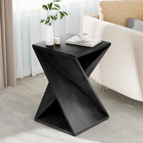 COZAYH Farmhouse End Table Square Solid Wood Pedestal Side Table Rustic Plant Stand with Twisted Design Black