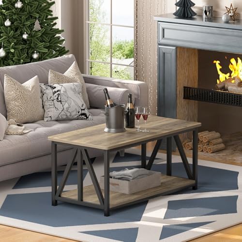 Modern Farmhouse Coffee Table with 2 Tier Storage and Round Edges