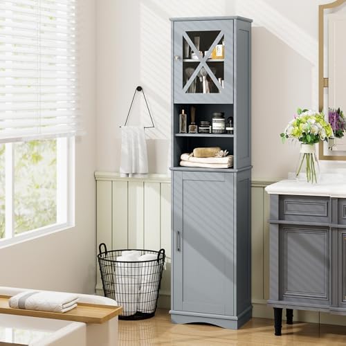 Tangkula 67 Inch Tall Bathroom Cabinet with Acrylic Doors and Adjustable Shelves