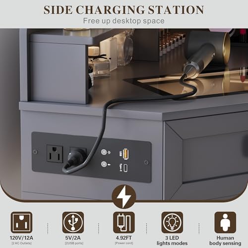 Modern Corner Vanity Desk with Mirror Lights and Storage