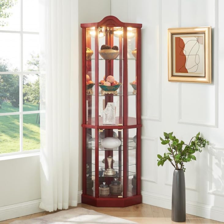 Lighted Corner Cabinet with Tempered Glass Doors and Adjustable Shelves