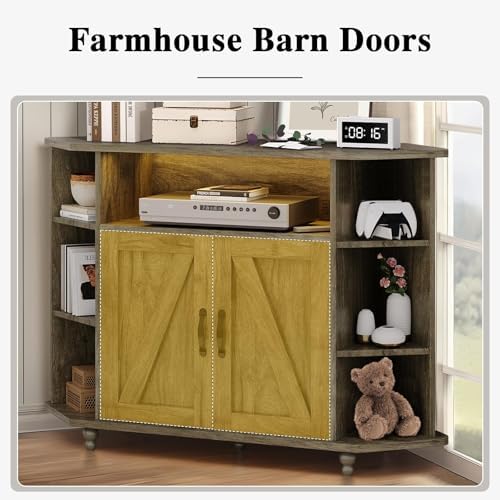 4 Ever Winner Corner TV Stand for 50 Inch TV Farmhouse Style with LED Light Open Storage Adjustable Shelves Grey