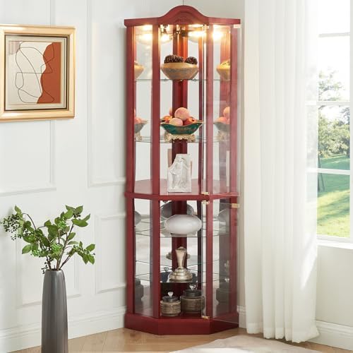 Cherry Corner Curio Cabinet with 4 Adjustable Glass Shelves and Glass Doors