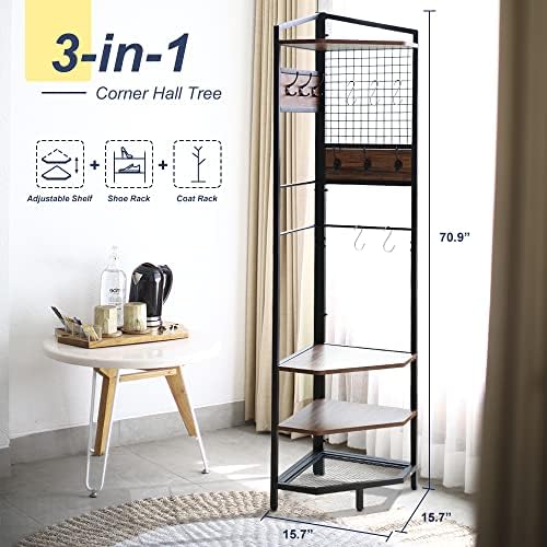 HIDODO Corner Hall Tree with Shoe Rack and Storage Shelf
