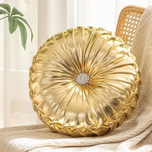 Handmade Gold Round Throw Pillows with Metallic Decor