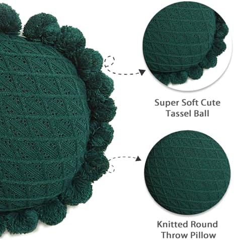 Acrylic Knitted Throw Pillow with Pom Poms Dark Green 18 Inches Diameter