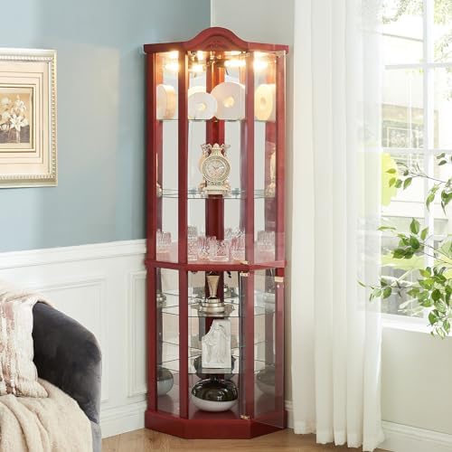 Cherry Corner Curio Cabinet with 4 Adjustable Glass Shelves and Glass Doors