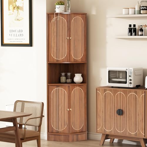 71 Inch Tall Corner Cabinet with Doors and 5-Tier Shelves in Walnut