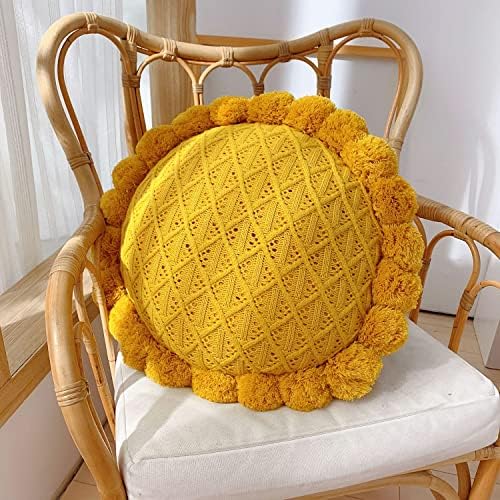 IXITON Round Knitting Pompoms Pillow Sunflower Decorative Cushion Throw Pillow with Insert 20 Inch Light Yellow