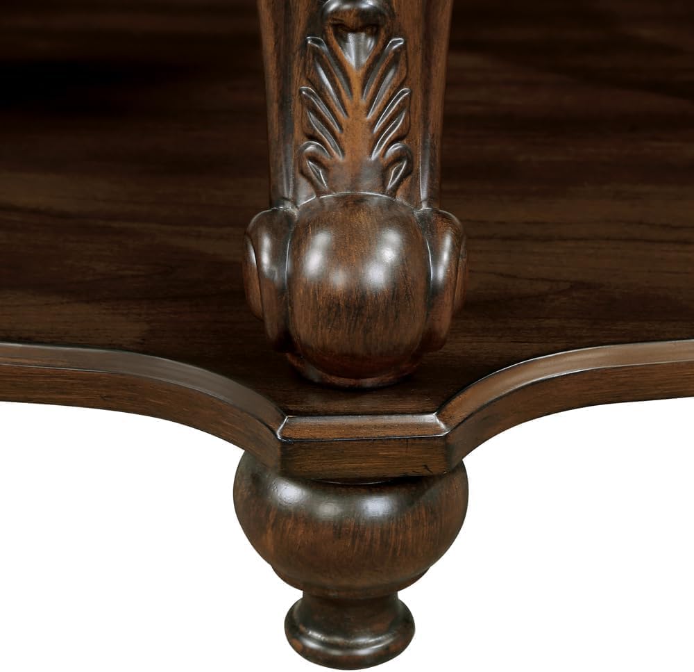 Solid Wood Round End Table with Shelf and Elegant Carvings