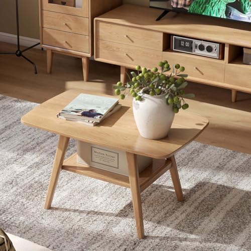 Wayshome Solid Oak Wood Coffee Table with Shelf Storage
