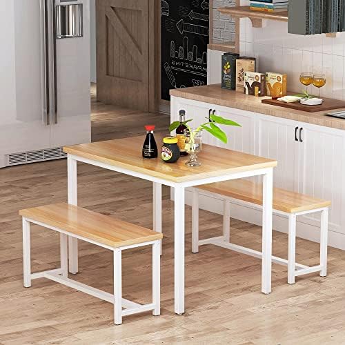 AWQM Dining Table Set with 2 Benches 472x287x287 Inches Beige