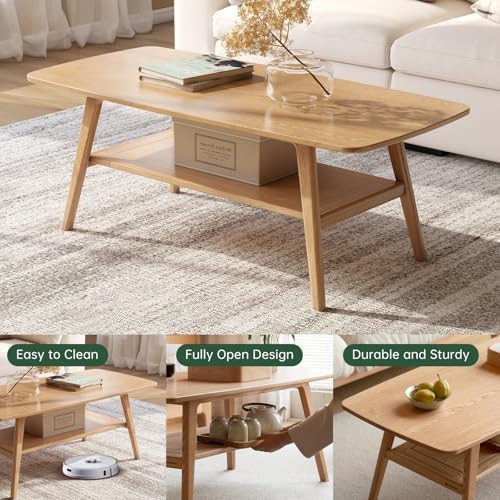 Wayshome Solid Oak Coffee Table 2-Tier Storage