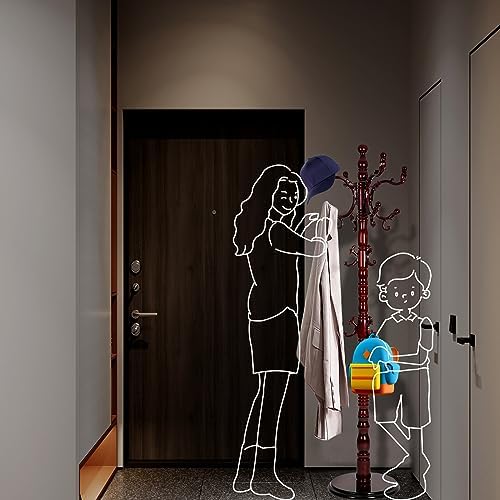 Free Standing Coat Rack with 14 Hooks and Natural Wood Base