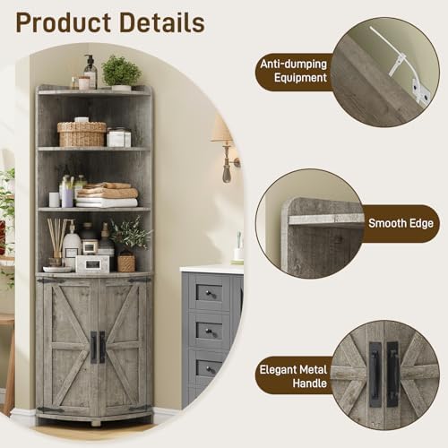 Vabches Tall Corner Cabinet with Barn Door Design Grey