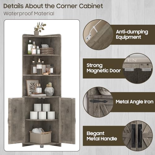 Halitaa Farmhouse Corner Cabinet with 6 Shelves and Barn Doors