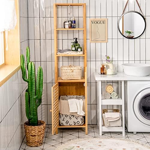 Giantex Bamboo Storage Cabinet 4-Tier Slim Shelving Unit with Shutter Door and Anti-Toppling Device