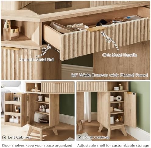 T4TREAM Fluted Makeup Vanity Desk with 3 Way Mirror and LED Lights 48 Inch Corner Table