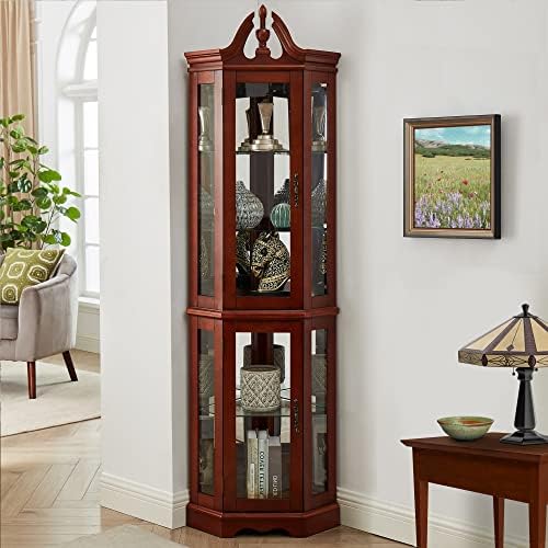 Lighted Corner Curio Display Cabinet with Tempered Glass Doors