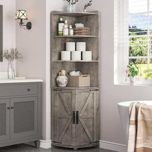 Halitaa Farmhouse Corner Cabinet with 6 Shelves and Barn Doors