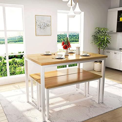AWQM Dining Table Set with 2 Benches 472x287x287 Inches Beige