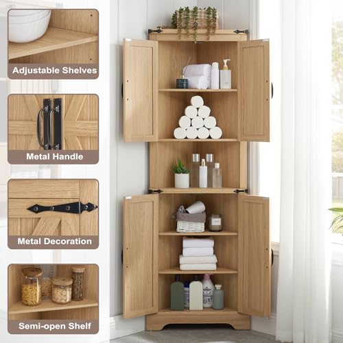 Tall Farmhouse Corner Cabinet with 4 Doors and Adjustable Shelves