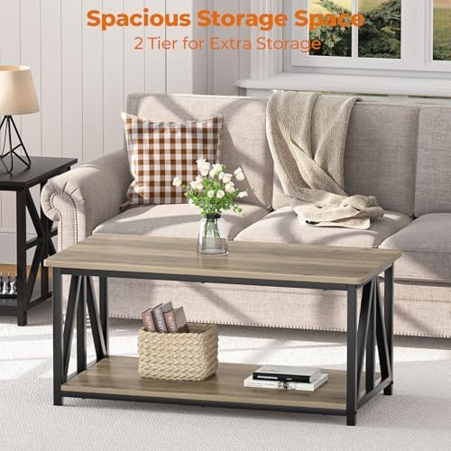 Modern Farmhouse Coffee Table with 2 Tier Storage and Round Edges