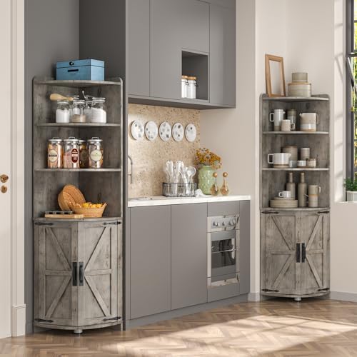Halitaa Farmhouse Corner Cabinet with 6 Shelves and Barn Doors