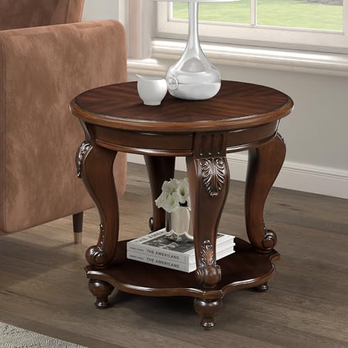 22 Round Wood End Table with 2-Tier Storage