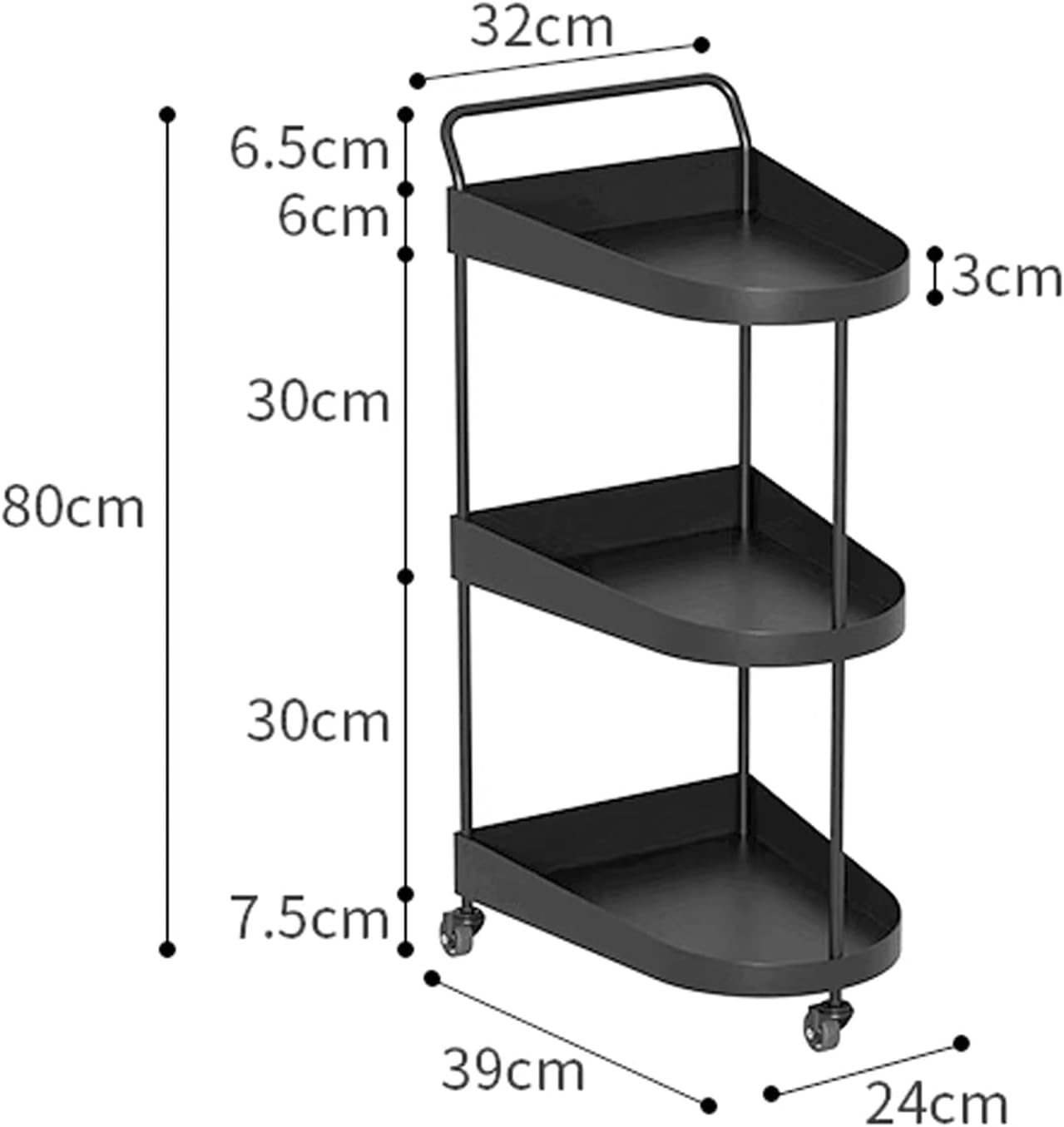 3-Tier Rolling Bar Cart with Metal Frame Black 15Dx9Wx31H